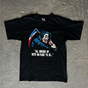 90s Washed Black Graphic T-Shirt with Grim Reaper Design